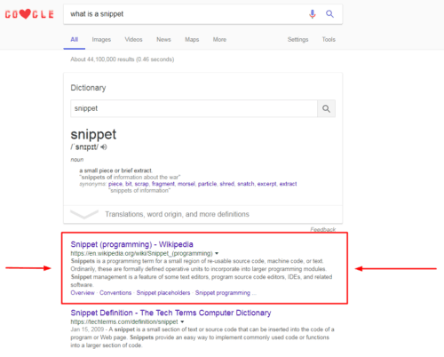 Image of a snippet search result from google.