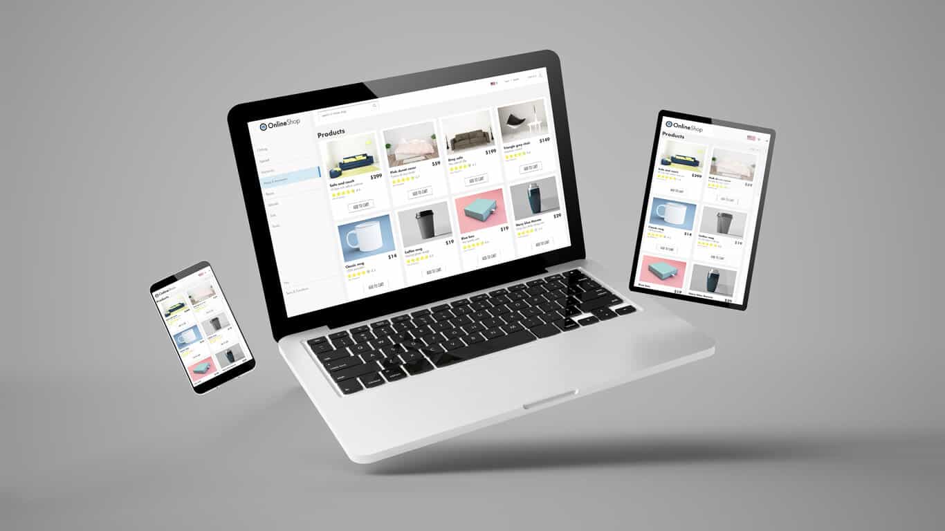 Flying tablet laptop and mobile phone showing online shop website